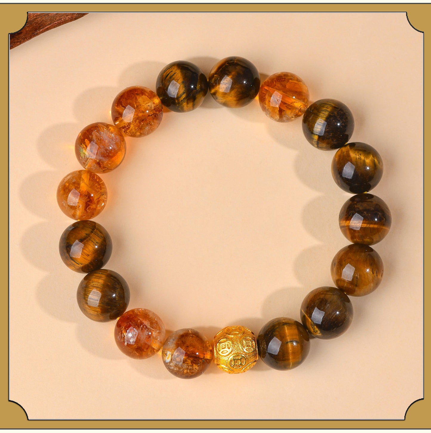 Yellow Tiger Eye Crystal Bracelet with Copper Coin Beads - Chinese Style Lucky Charm