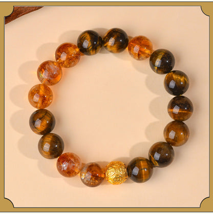 Yellow Tiger Eye Crystal Bracelet with Copper Coin Beads - Chinese Style Lucky Charm