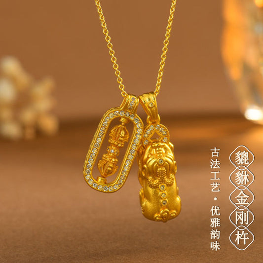 Gold Sand Gold Inlaid Diamond Pixiu Vajra Pendant Necklace | Ancient Craftsmanship Retro Collar Chain
