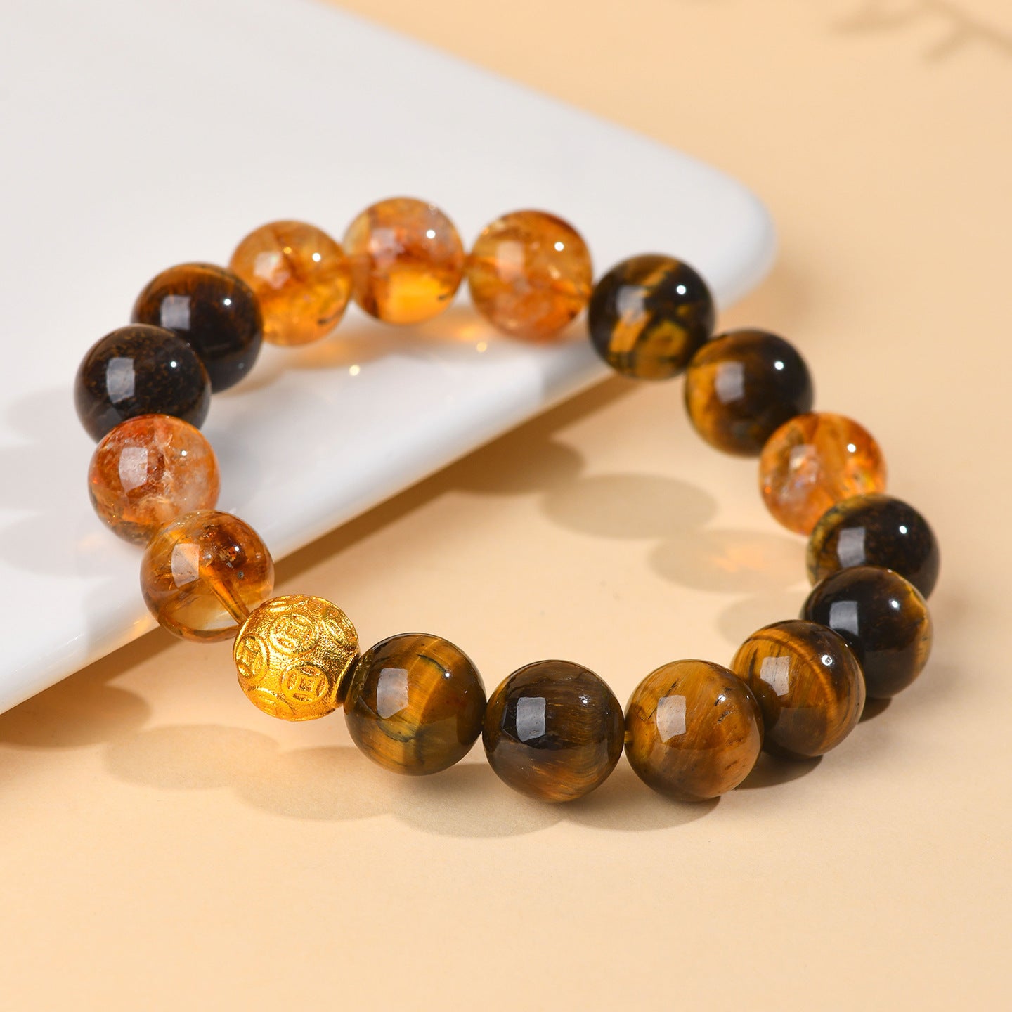 Yellow Tiger Eye Crystal Bracelet with Copper Coin Beads - Chinese Style Lucky Charm