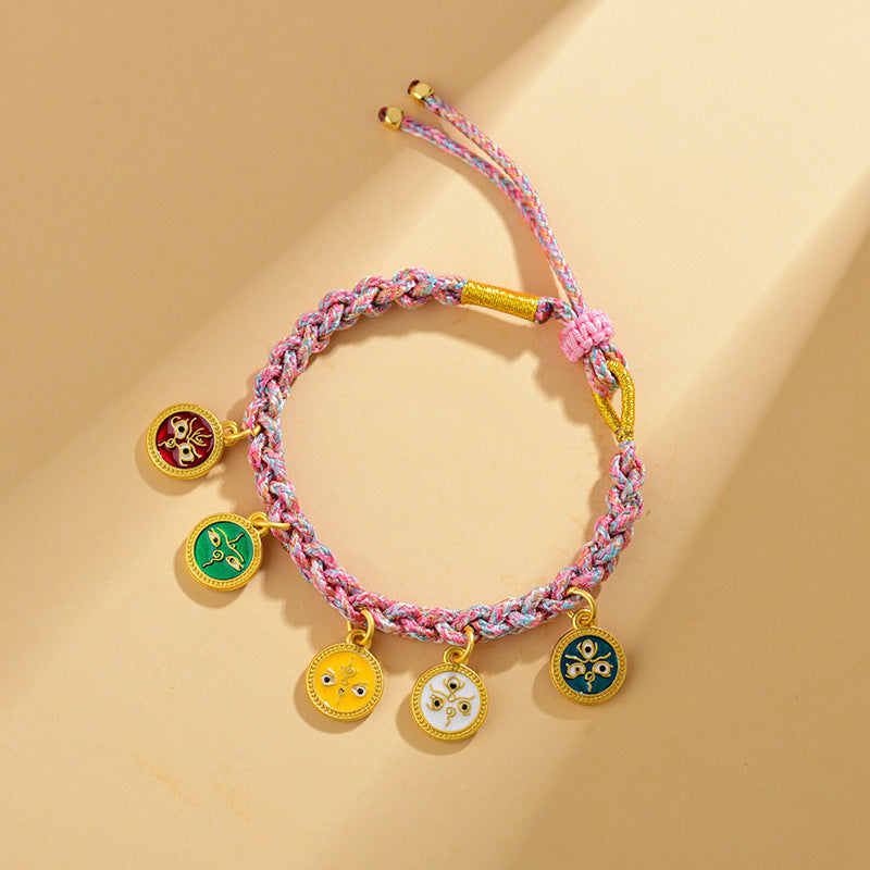 Handwoven Peach Blossom Knot Five-Way God of Wealth Tibetan Thangka Bracelet for Prosperity