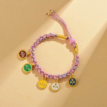 Handwoven Peach Blossom Knot Five-Way God of Wealth Tibetan Thangka Bracelet for Prosperity