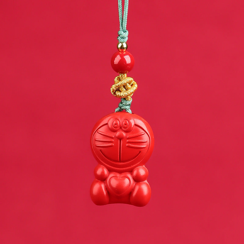 Natural Cinnabar Lucky Cat Nine-Tailed Fox Phone Charm - Wealth & Protection Amulet