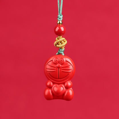 Natural Cinnabar Lucky Cat Nine-Tailed Fox Phone Charm - Wealth & Protection Amulet