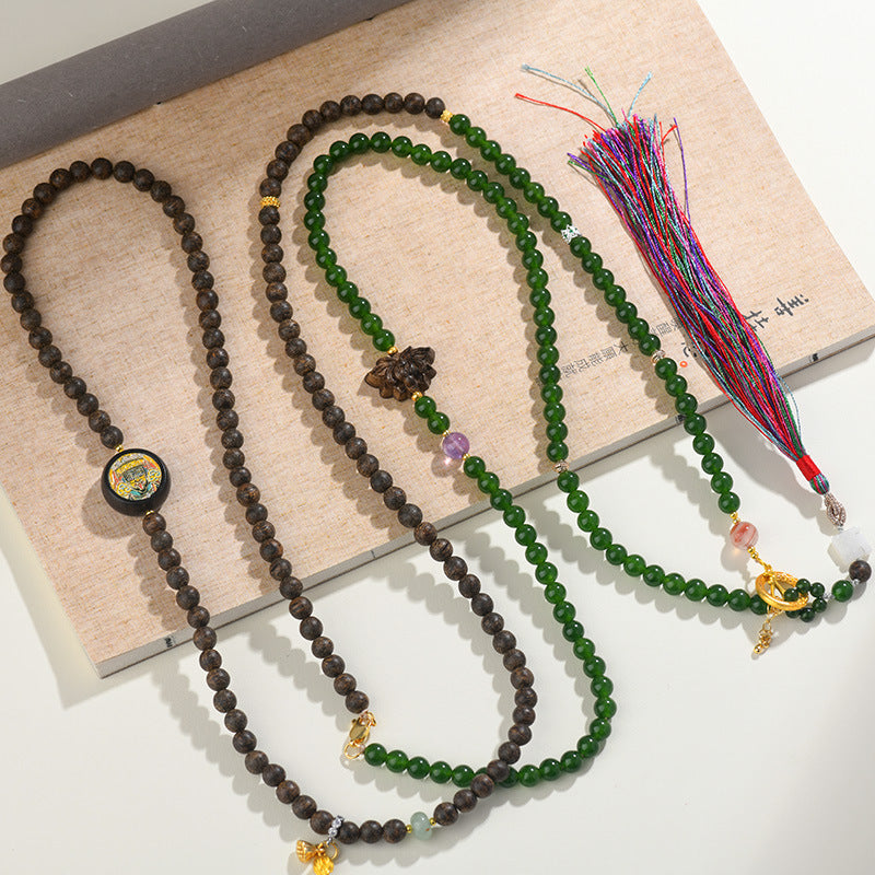 Agarwood Jade Multi-Use Crossbody Chain | Zen Buddhist Bead Necklace for Peace and Prosperity