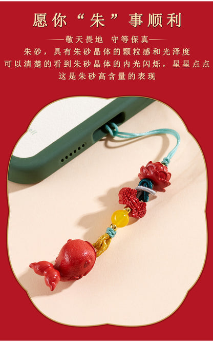 Imperial Red Cinnabar Whale Phone Chain Pendant with Lotus Keychain - Spiritual Guardian & Wealth Attractor