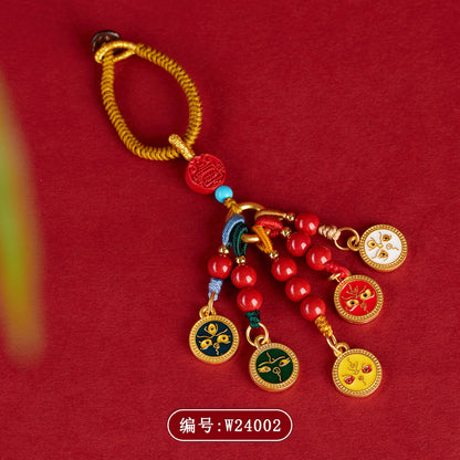 Natural Imperial Red Cinnabar Five-Way God of Wealth Keychain - Chinese Style Bag Charm for Wealth and Luck