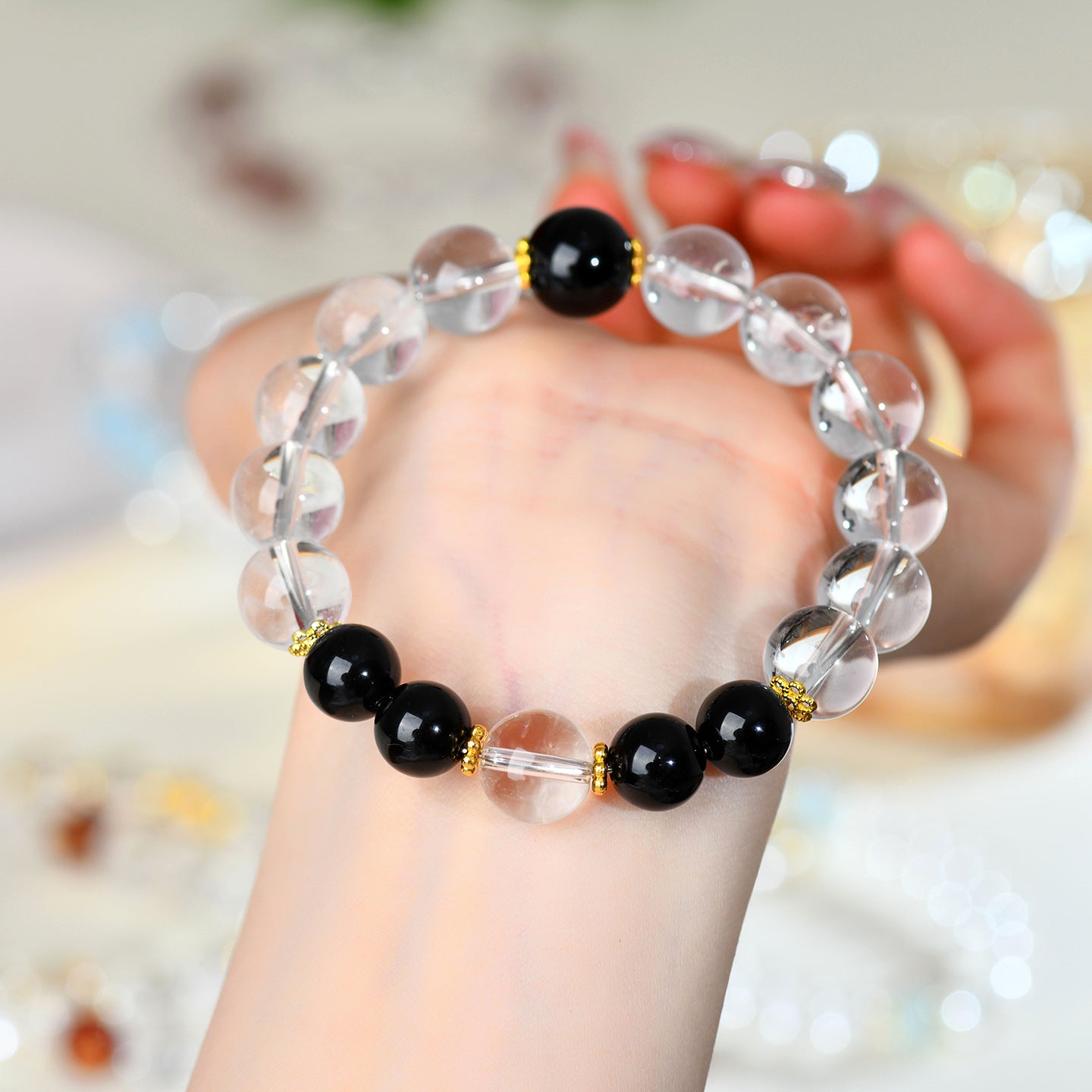 Natural Crystal Energy Bracelet with White Crystal, Obsidian, Strawberry Quartz, and Aquamarine | Spiritual Harmony & Protection