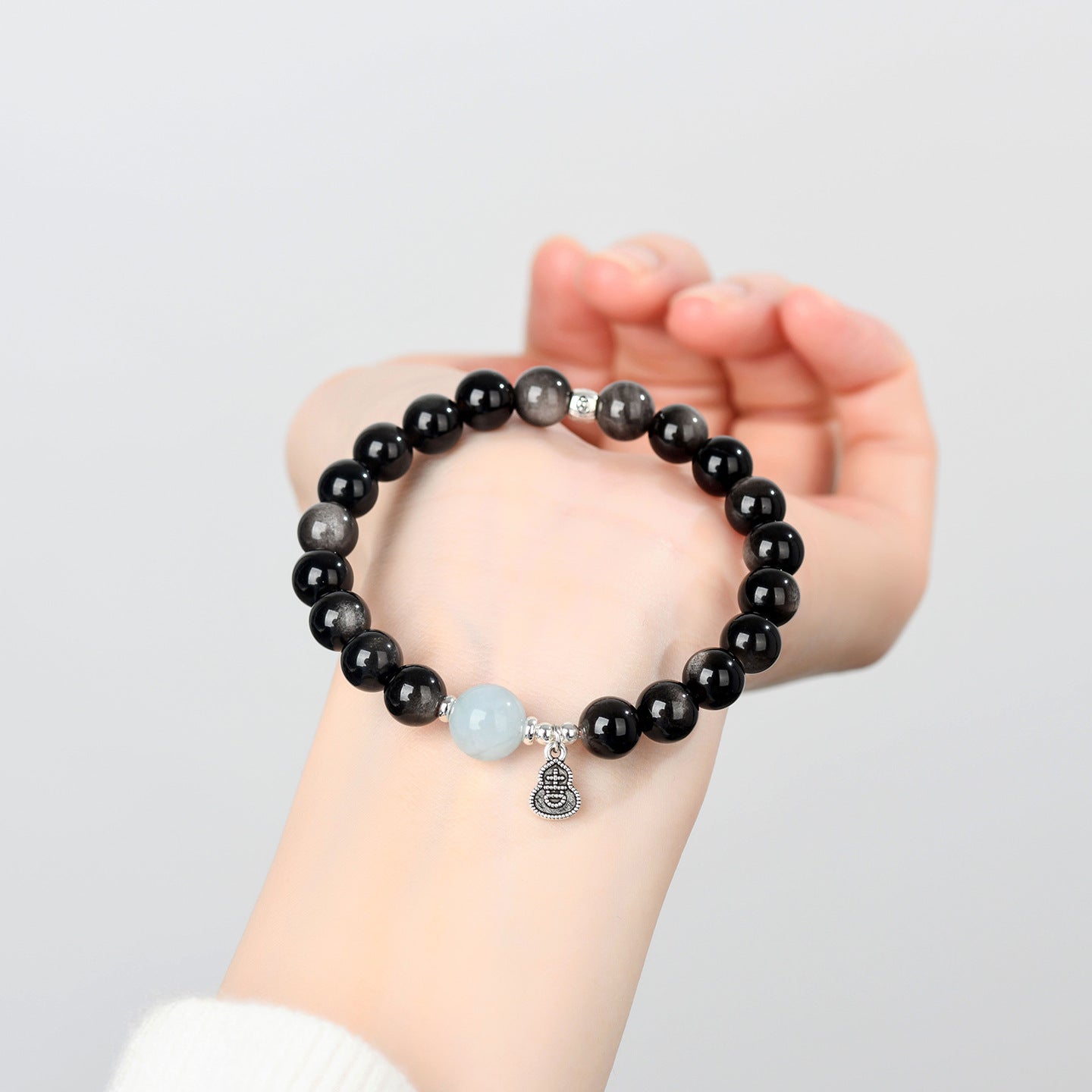 Natural Silver Obsidian Aquamarine Gourd Bracelet - Chinese Lucky Women's Jewelry