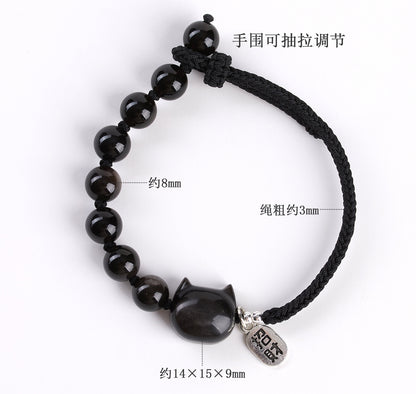Mystical Silver Obsidian Cat Bracelet - Hand-Woven Protection Charm for Couples