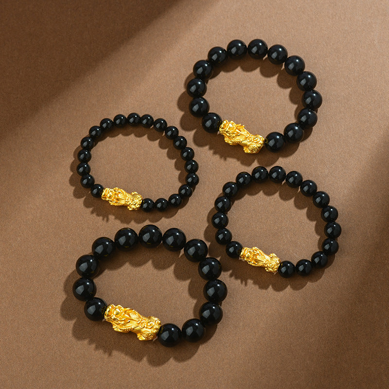 Natural Obsidian Gold Pixiu Bracelet | Wealth Attraction & Protection Amulet