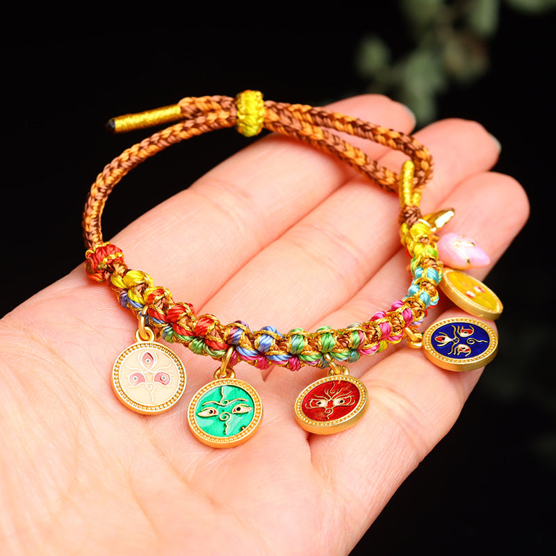 Handwoven Peach Blossom Knot Five-Way God of Wealth Tibetan Thangka Bracelet for Prosperity