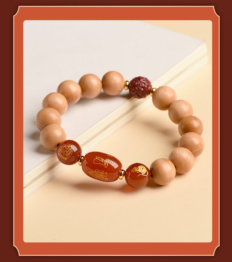 Ancient Peach Wood Cinnabar Zodiac Buddha Protection Bracelet for Harmony