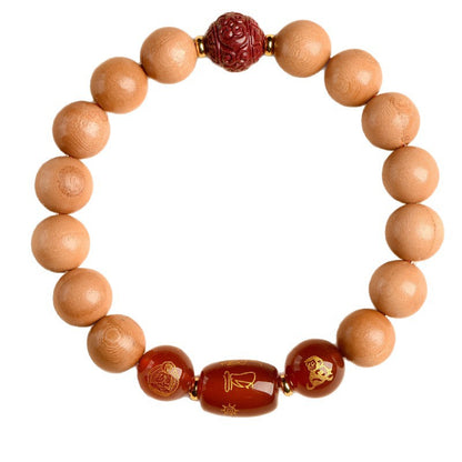 Ancient Peach Wood Cinnabar Zodiac Buddha Protection Bracelet for Harmony