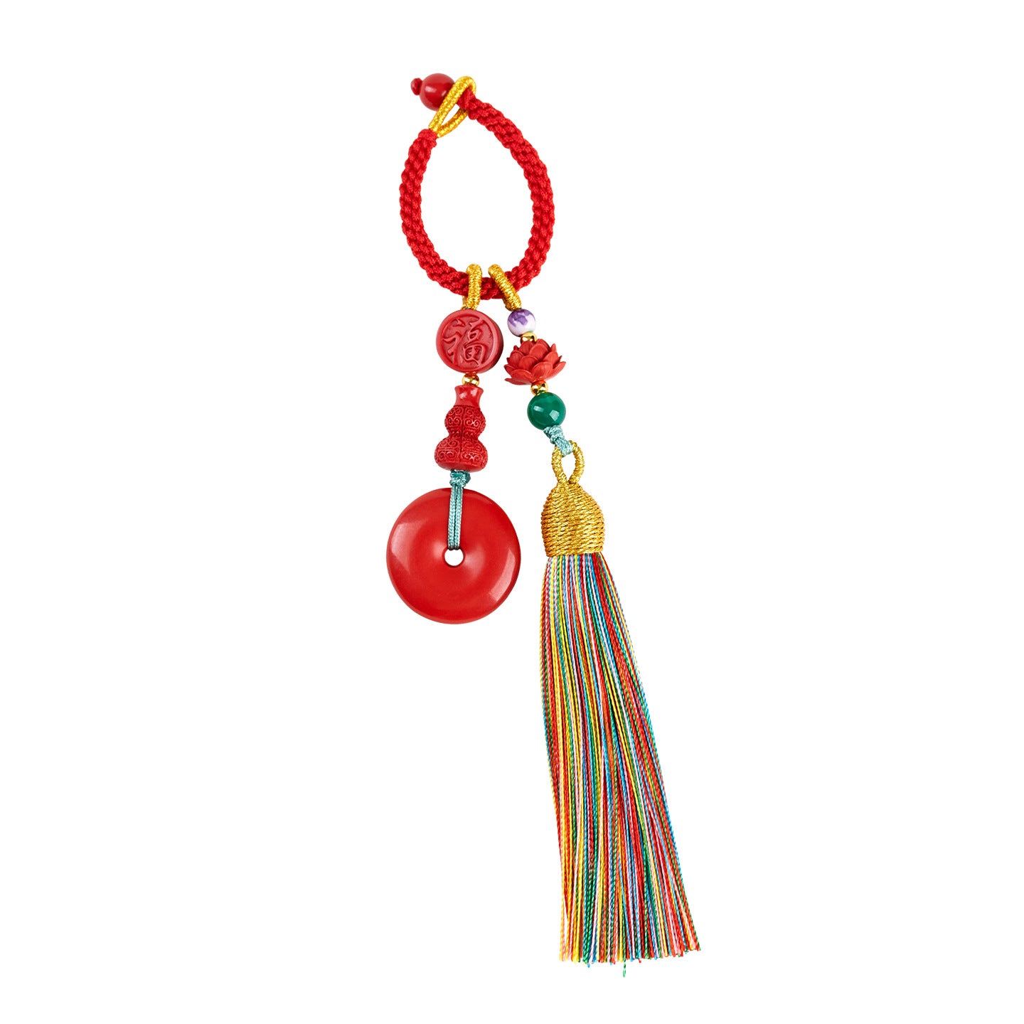 Imperial Red Cinnabar Peace Buckle Keychain with Multicolored Tassel - Handmade Spiritual Protector