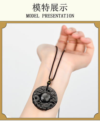 Natural Obsidian Double Dragon Guardian Pendant for Zodiac Year Protection and Good Fortune