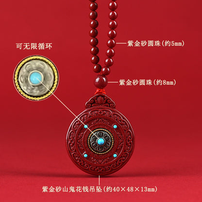 Natural High-Content Cinnabar Mountain Ghost Flower Pendant Necklace – Taoist Amulet for Protection and Wealth