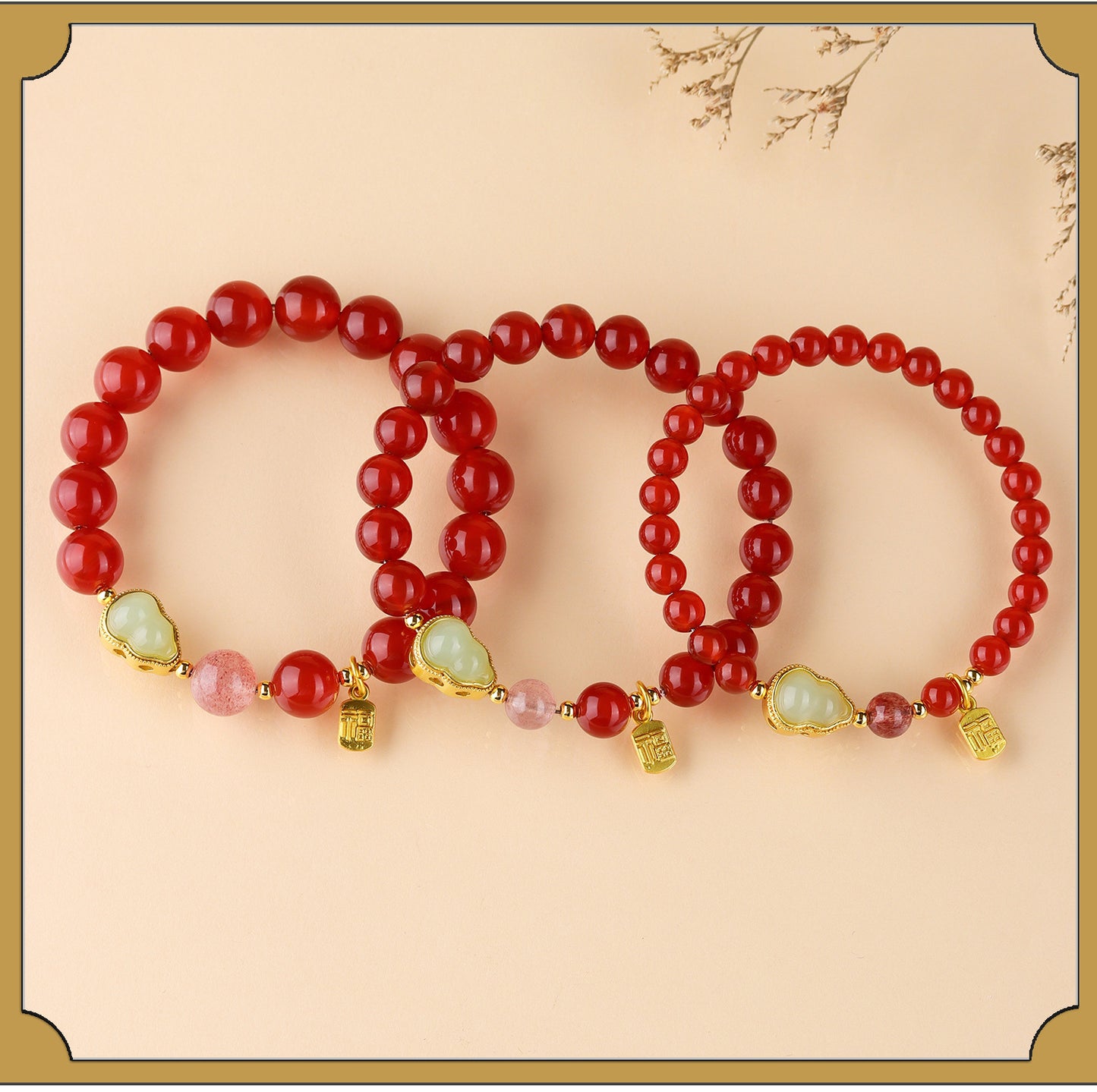 Natural Red Agate Strawberry Crystal Gourd Bracelet | Chinese Style Fortune Prosperity Unisex