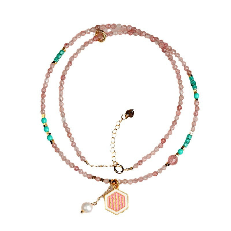 Natural Strawberry Crystal Faceted Necklace | Elegant Light Luxury Collarbone Choker for Love & Luck