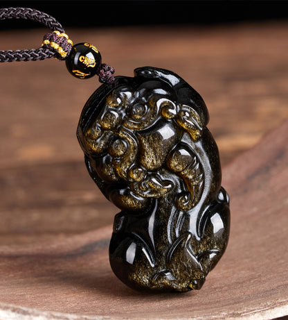 Natural Obsidian Pixiu Pendant Necklace | Chinese Style Unisex Wealth Talisman