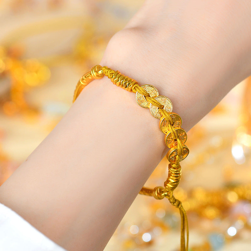 Gold Five Emperors Coin Half Bracelet | Ancient Method Coiled Wealth Protection Jewelry