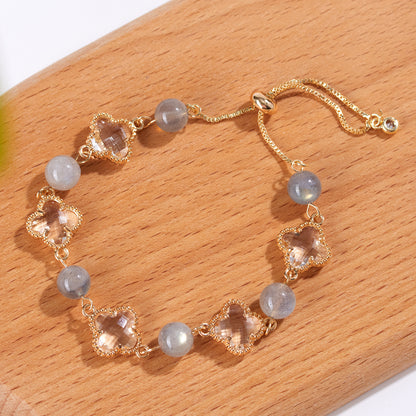 Natural Labradorite Four-Leaf Clover Bracelet | Lucky Charm & Spiritual Protection for Women