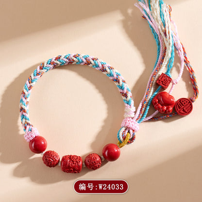 Imperial Red Cinnabar Guanyin Barrel Bead Tibetan Style Bracelet with Pixiu Beads