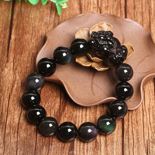 Natural Rainbow Eye Obsidian Pixiu Bracelet - Wealth & Protection Mala for Men and Women