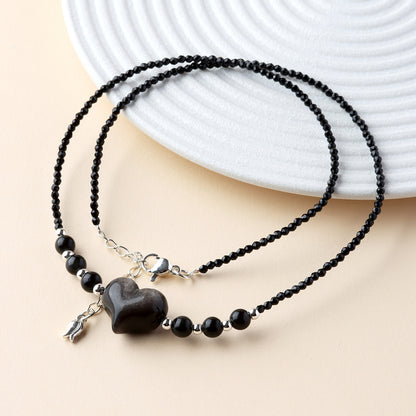 Natural Silver Obsidian Heart Necklace | Adjustable Collarbone Chain for Women