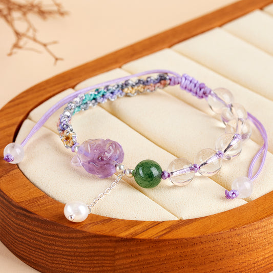 Natural Amethyst Nine-Tailed Fox Handmade Bracelet | Spiritual Protection & Elegant Charm