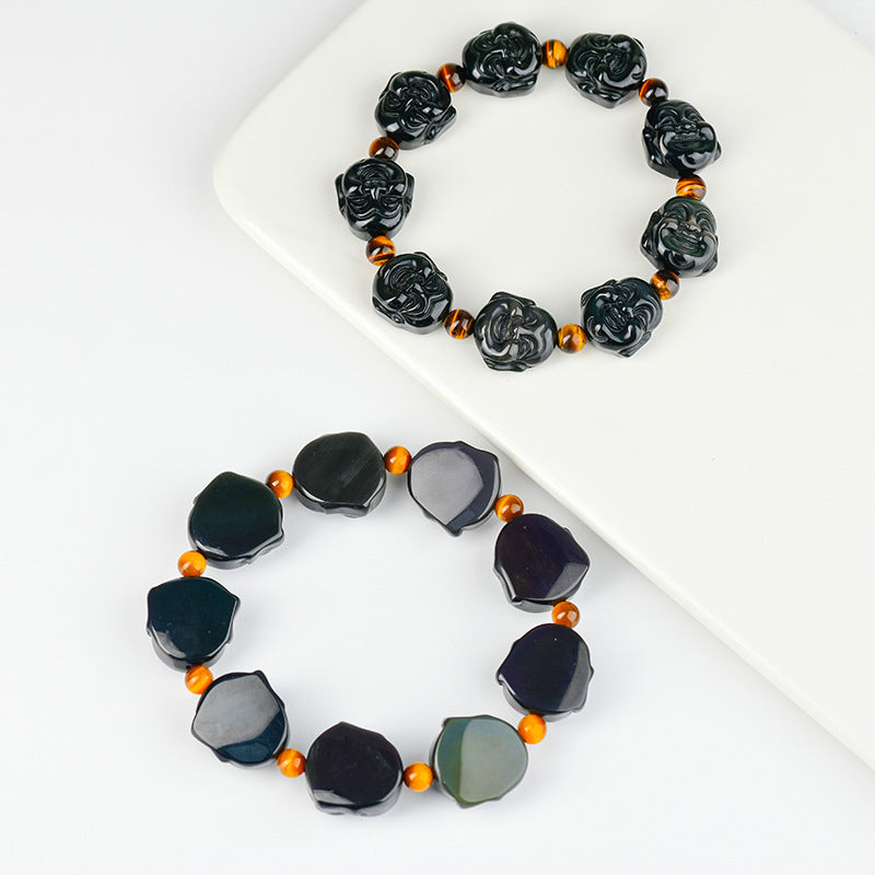 Rainbow Eye Obsidian Buddha Head Bracelet - Spiritual Harmony & Protection for Couples