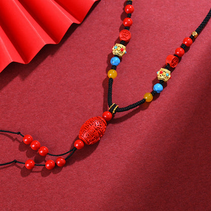 Imperial Natural Cinnabar Fu Character Drum Bead Pendant Necklace - Spiritual Protection Talisman