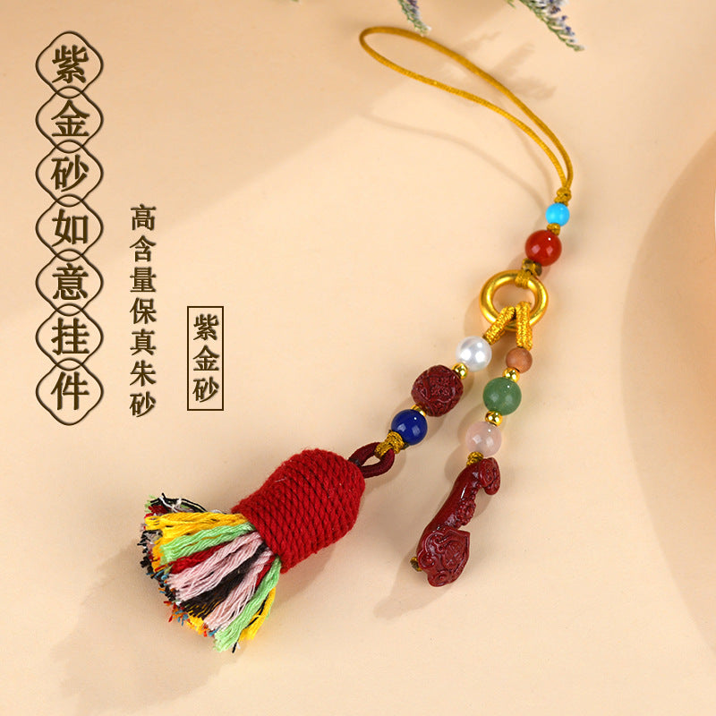 Natural Purple Gold Cinnabar Ruyi Tibetan Style Tassel Pendant - Spiritual Protection Charm
