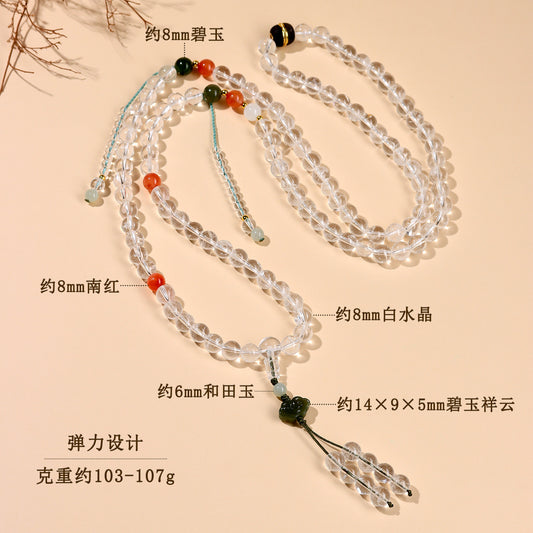 Natural White Crystal 108-Bead Bracelet with Hetian Jade & Red Agate | Buddhist Spiritual Jewelry