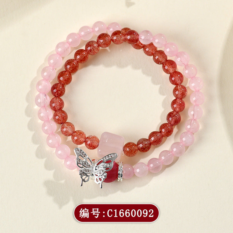 Natural Rose Quartz Strawberry Quartz Butterfly Double Circle Love Bracelet for Women