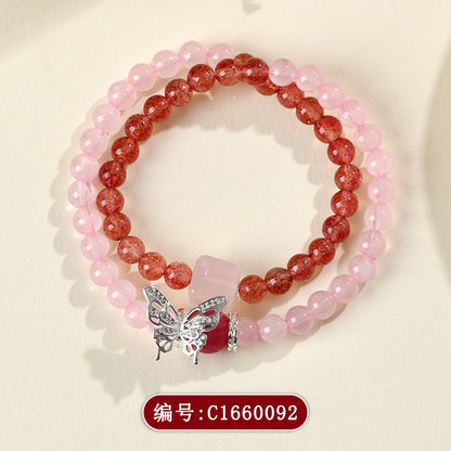 Natural Rose Quartz Strawberry Quartz Butterfly Double Circle Love Bracelet for Women