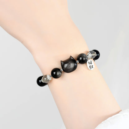 Silver Obsidian Faceless Cat Moonlight Bracelet | Chinese Style Women's Protection Jewelry