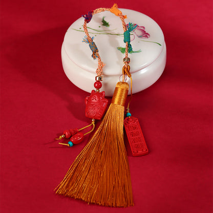 Natural Imperial Red Sand Lucky Cat Car Hanging Ornament - Tibetan Style Feng Shui Charm for Protection