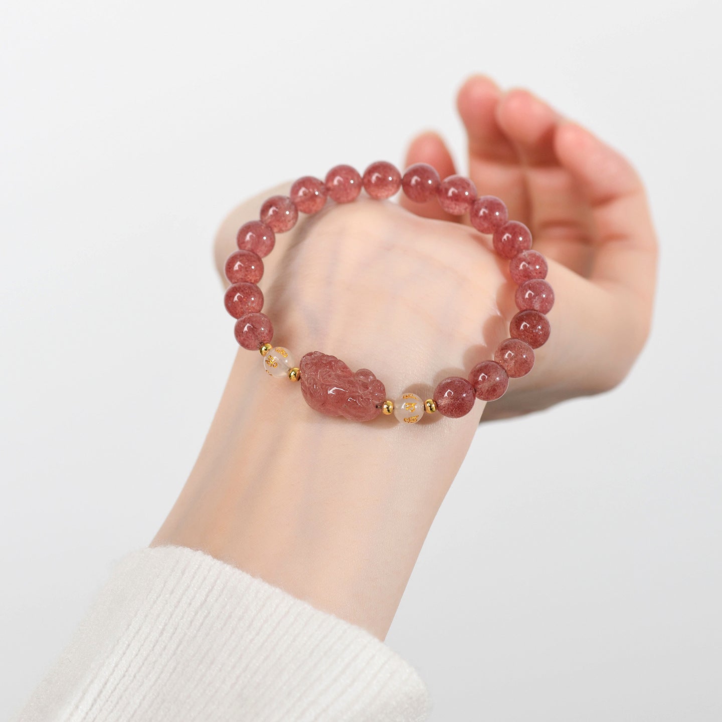 Natural Strawberry Quartz Obsidian Couple Pixiu Bracelet - Wealth and Love Talisman