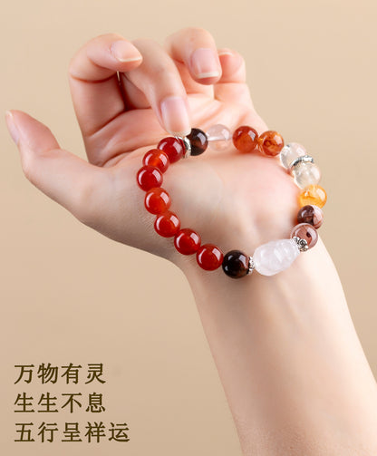 Natural Crystal Five Elements Bracelet with Lucky Pixiu - Unisex Couple Style for Balance and Wealth