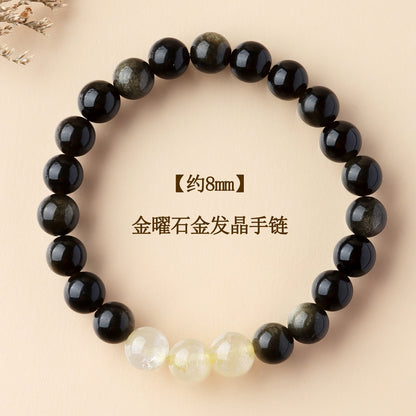 Natural Obsidian Crystal Bracelet with Golden Rutilated Quartz & Gemstones | Spiritual Protection & Wealth Attraction