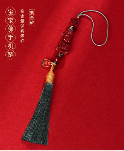 Natural Purple Gold Cinnabar Infant Buddha Charm with Handwoven Tassel for Phone & Bag