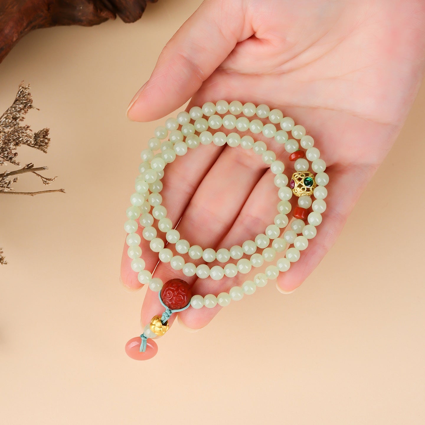 Natural Hetian Jade & Southern Red Agate Three-Circle Bracelet | Peace and Prosperity Buddhist Beads for Women