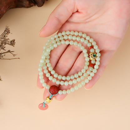 Natural Hetian Jade & Southern Red Agate Three-Circle Bracelet | Peace and Prosperity Buddhist Beads for Women