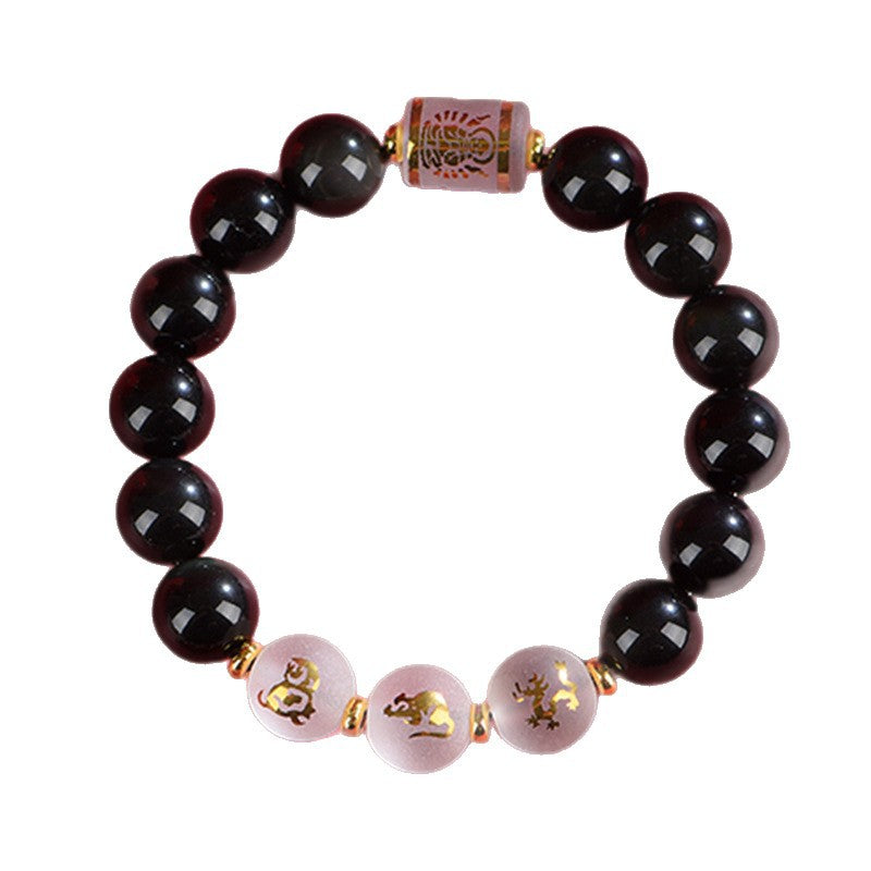 Natural Agate Obsidian Zodiac Guardian Buddha Bracelet - Three Harmony Protection Unisex Talisman