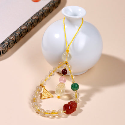 Twelve Zodiac Three-in-One Pixiu Phone Chain with Natural Yellow Rutilated Quartz Crystal Pendant