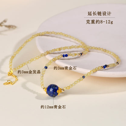 Natural Golden Rutilated Quartz Lapis Lazuli Collarbone Necklace | Wealth & Wisdom Talisman for Women