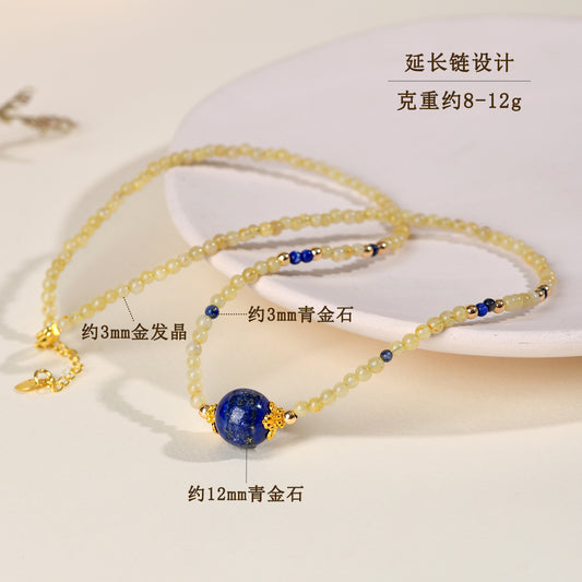 Natural Golden Rutilated Quartz Lapis Lazuli Collarbone Necklace | Wealth & Wisdom Talisman for Women