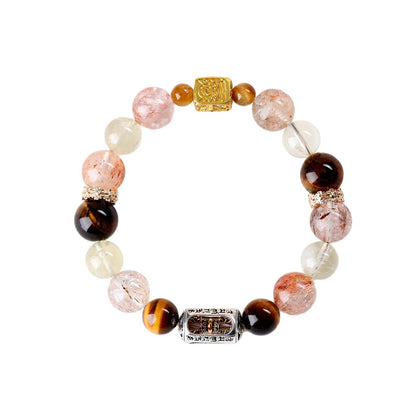 Natural Black Gold Tiger Eye and Yellow Crystal Bracelet with Six-Word Mantra for Luck