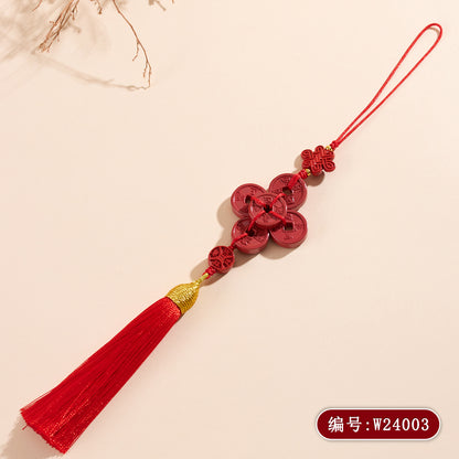 Natural Imperial Red Cinnabar Five Emperors Coin Tassel Pendant - Feng Shui Protection & Wealth Amulet